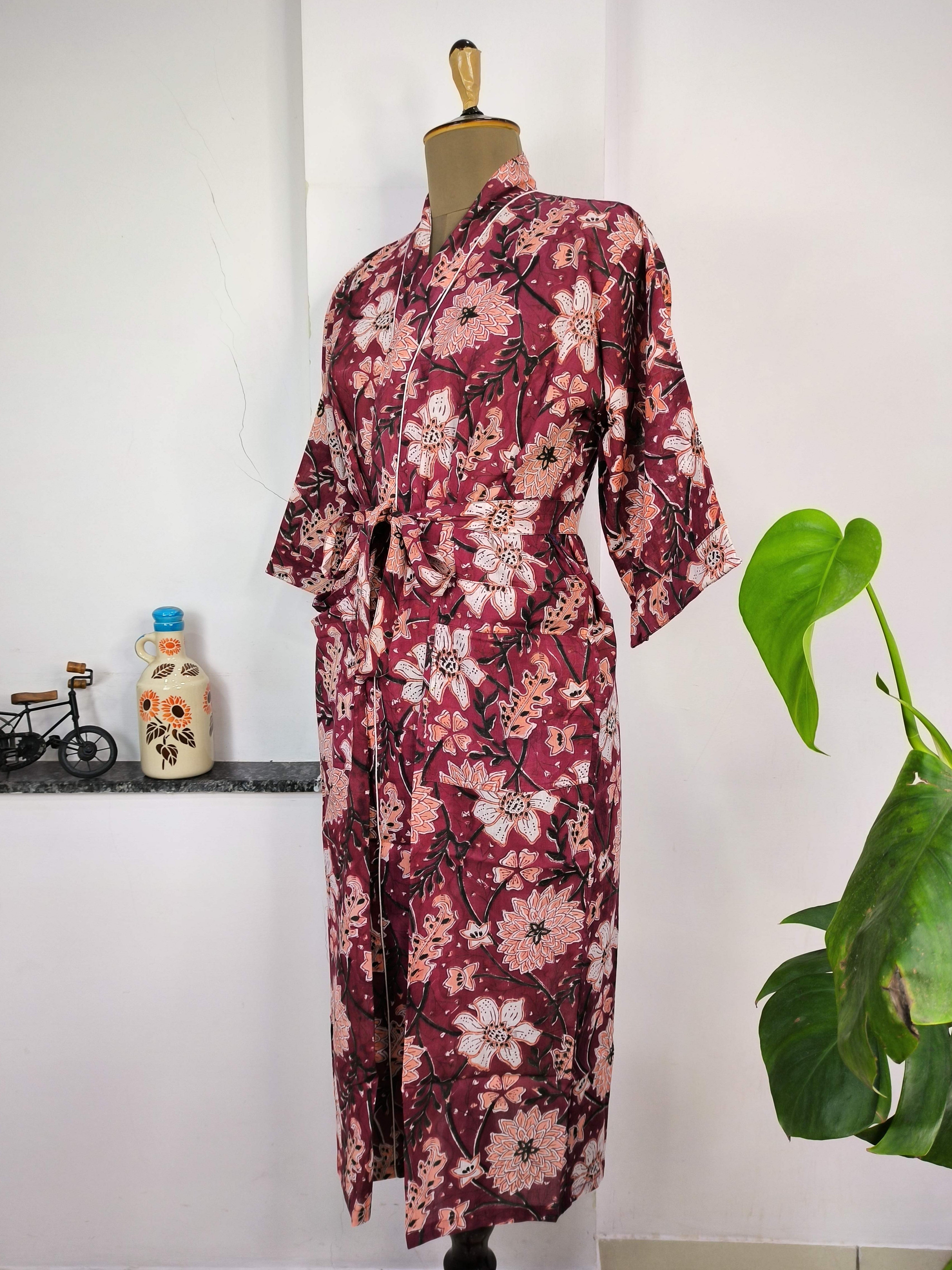 Pure Cotton Kimono Indian Handprinted Boho House Robe Summer Dress | Wine White Floral Print | Beach Cover Up Wear | Christmas Present