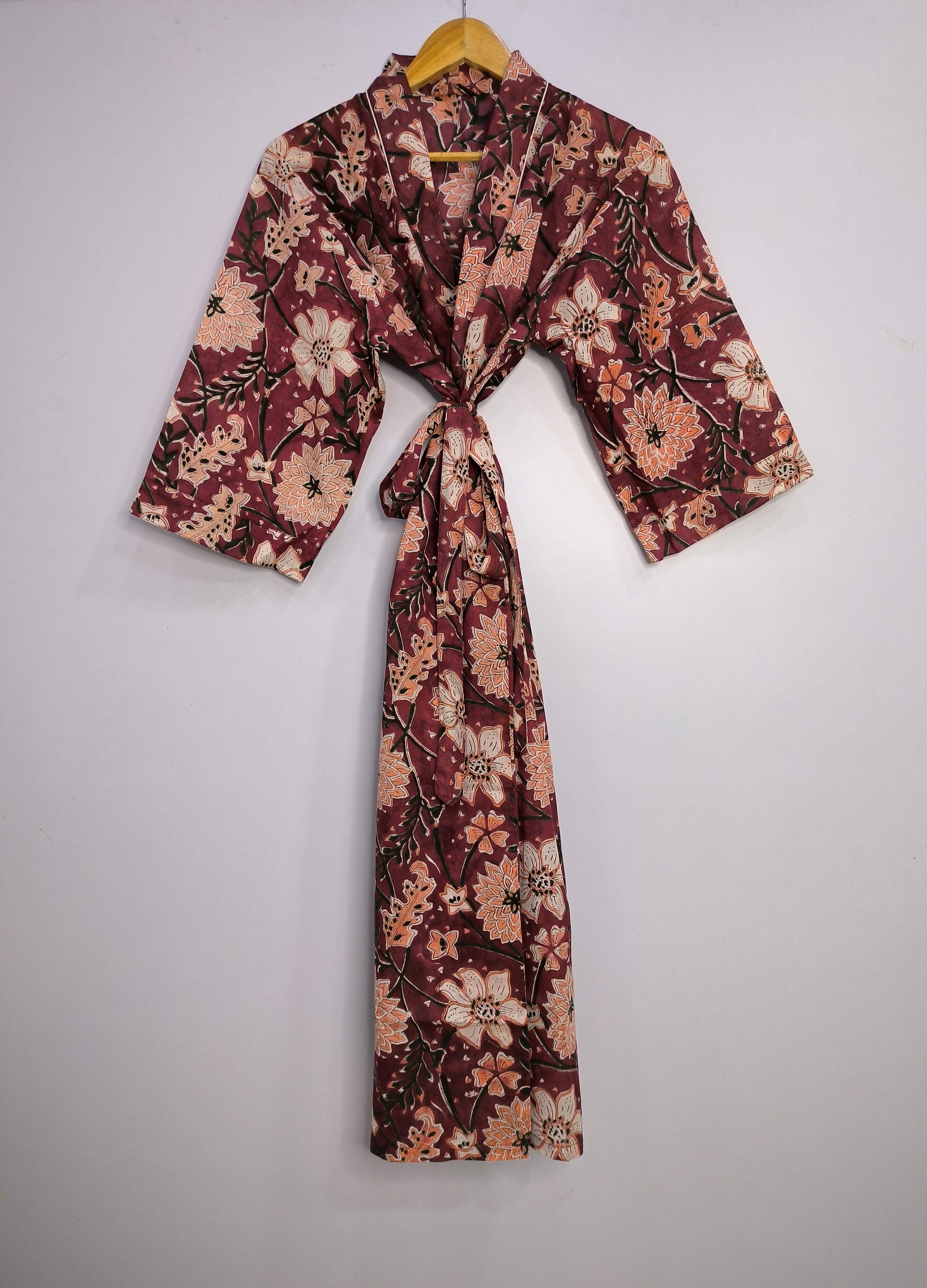 Pure Cotton Kimono Indian Handprinted Boho House Robe Summer Dress | Wine White Floral Print | Beach Cover Up Wear | Christmas Present