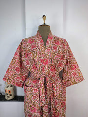 Pure Cotton Kimono Indian Handprinted Boho House Robe Summer Dress | Peach Red Floral Print | Beach Cover Up Wear | Christmas Present