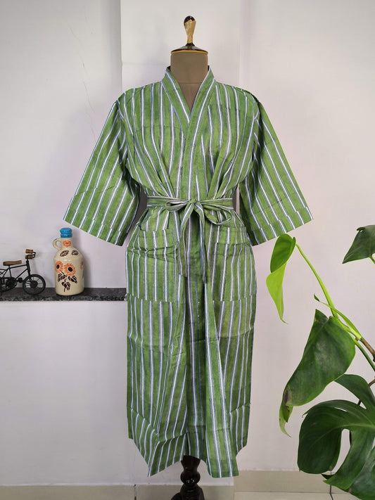 Kimono aus reiner Baumwolle, handbedruckt, indischer Boho-Hausmantel, Sommerkleid | Grün-weiß gestreifter Druck | Strandüberwurf | Weihnachtsgeschenk