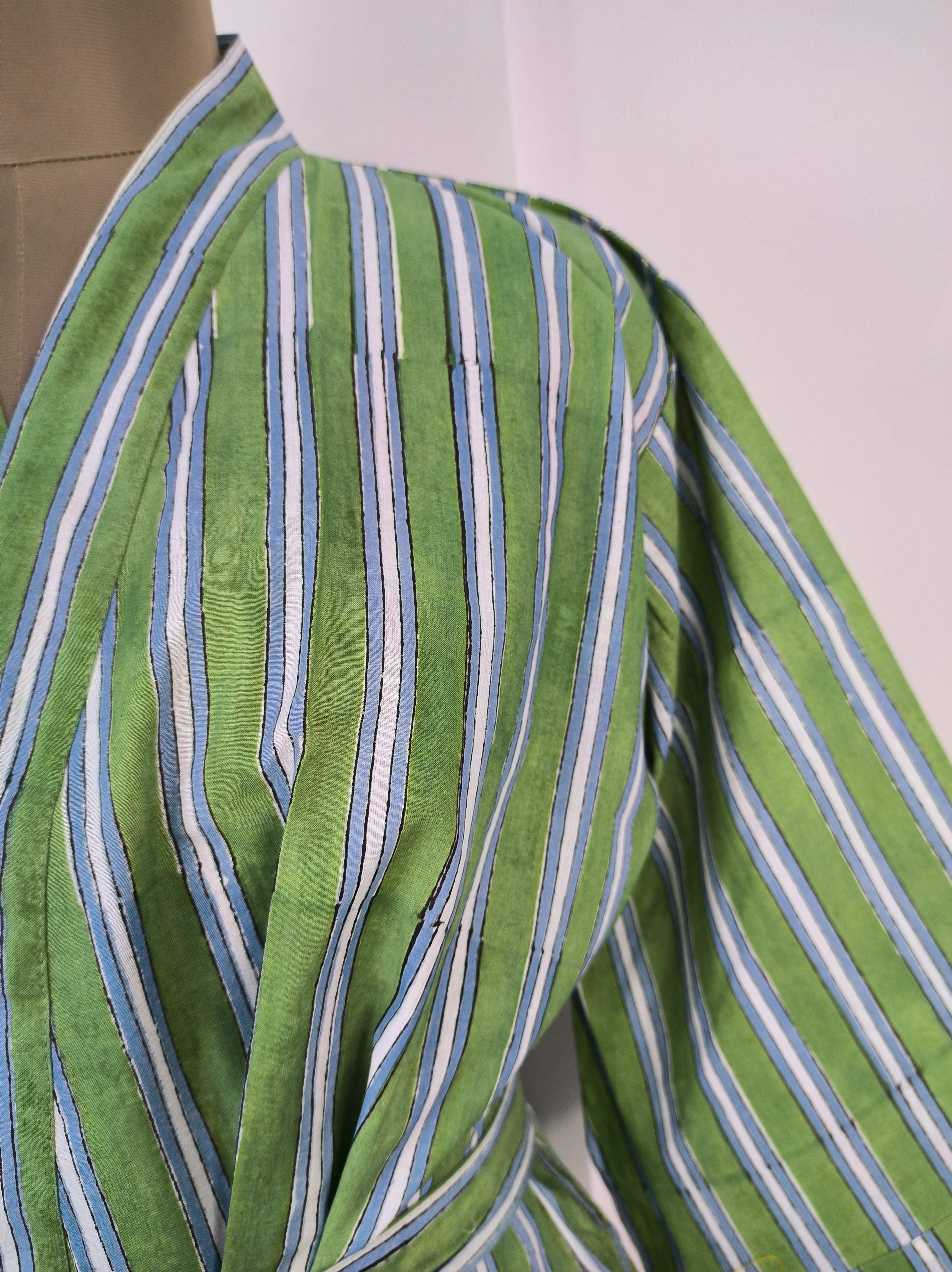 Pure Cotton Kimono Indian Handprinted Boho House Robe Summer Dress | Green White Stripe Print | Beach Cover Up Wear | Christmas Present