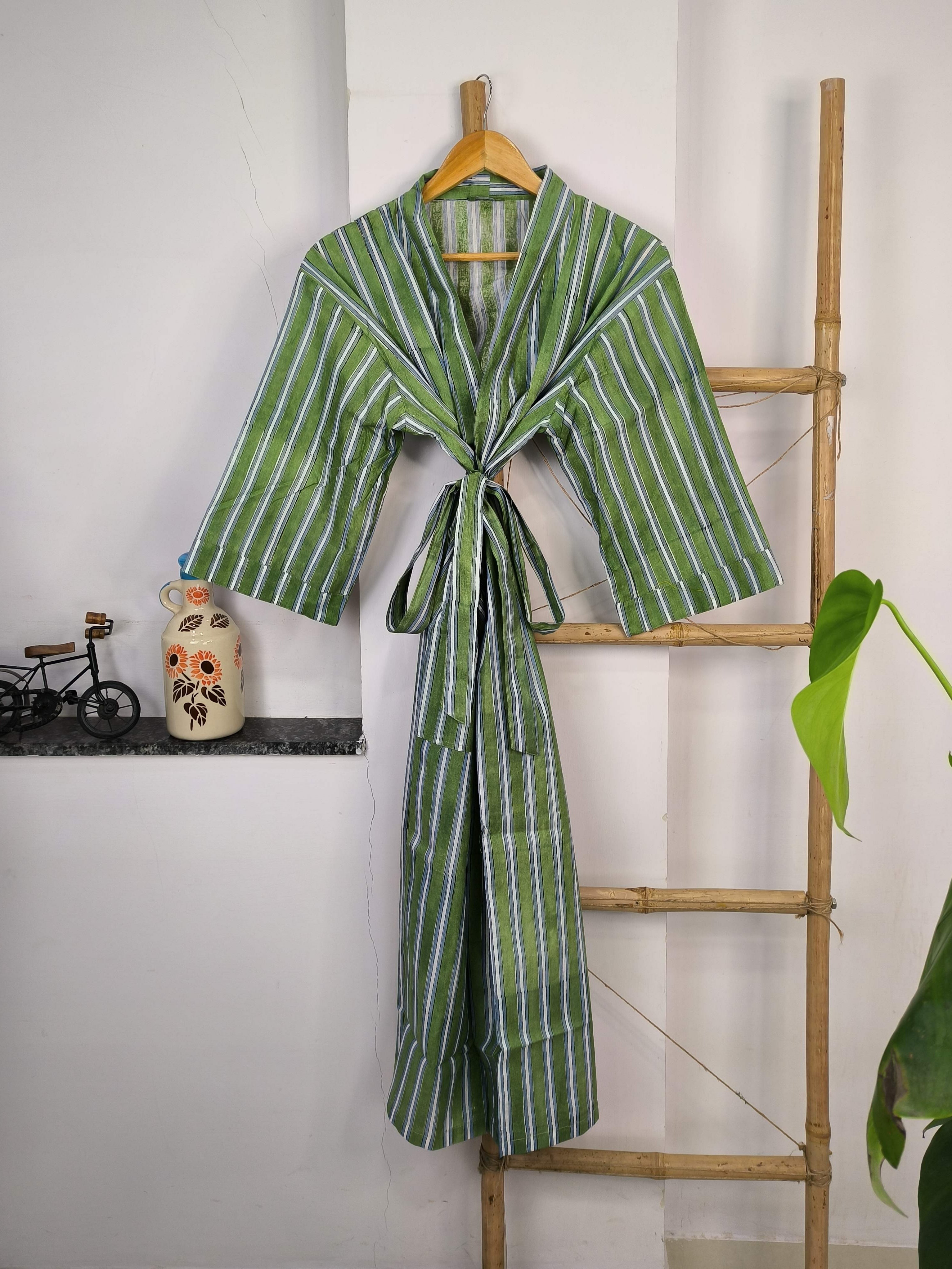 Pure Cotton Kimono Indian Handprinted Boho House Robe Summer Dress | Green White Stripe Print | Beach Cover Up Wear | Christmas Present