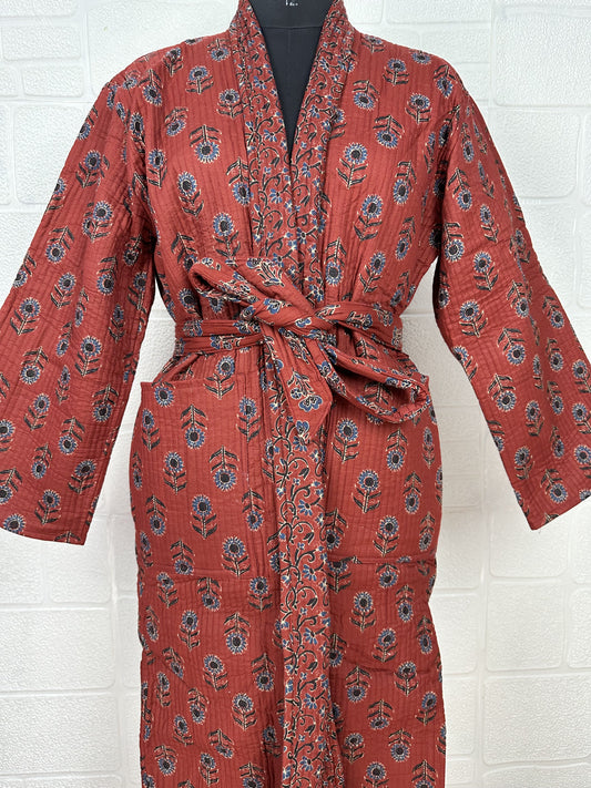 Kantha Gesteppter Reiner Baumwolle Wendbarer Langer Kimono Damen Schwarz Senf Botanisch Blumen