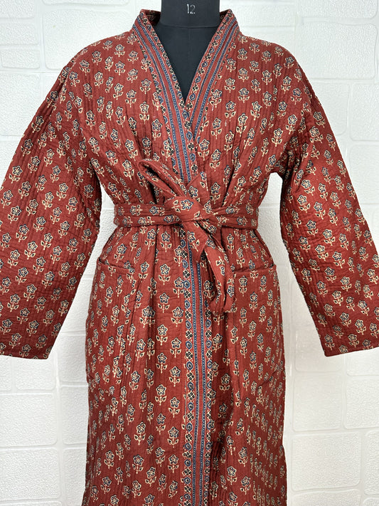 Kantha Gesteppter Reiner Baumwolle Wendbarer Langer Kimono Damen Schwarz Senf Botanisch Blumen