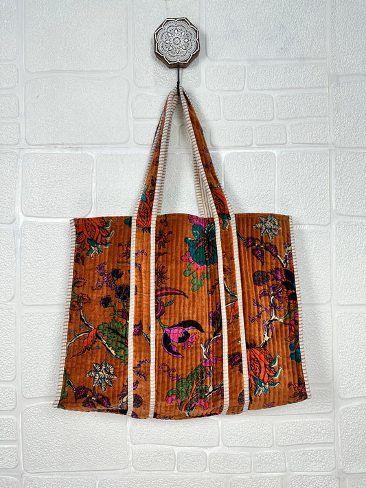 Boho Tote Bag Large Reversible Quilted Velvet Cotton | Beach Weekend Bag Eco friendly Sustainable Sturdy Grocery Shopping Ochre