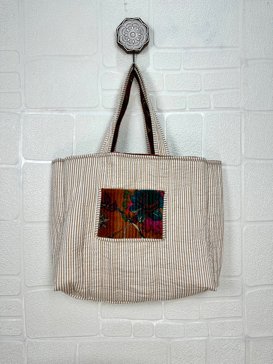 Boho Tote Bag Large Reversible Quilted Velvet Cotton | Beach Weekend Bag Eco friendly Sustainable Sturdy Grocery Shopping Ochre