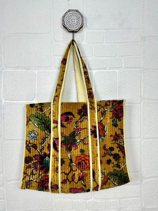 Boho Tote Bag Large Reversible Quilted Velvet Cotton | Beach Weekend Bag Eco friendly Sustainable Sturdy Grocery Shopping Ochre