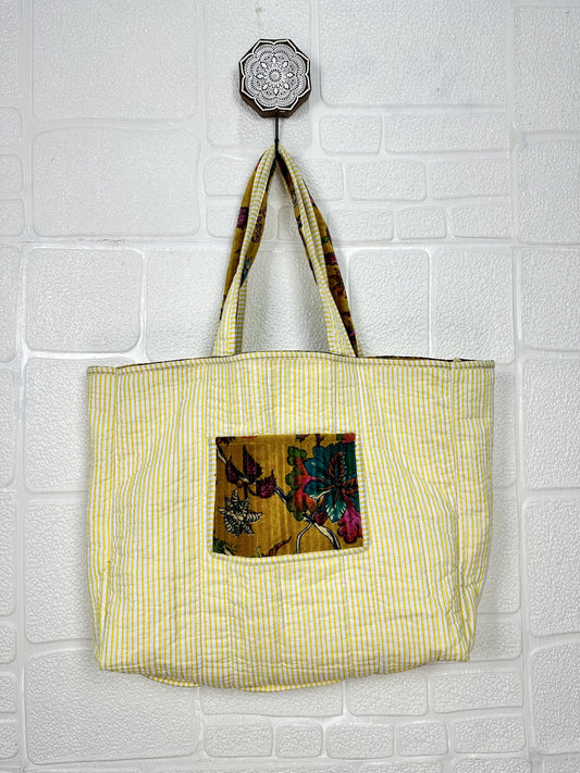 Boho Tote Bag Large Reversible Quilted Velvet Cotton | Beach Weekend Bag Eco friendly Sustainable Sturdy Grocery Shopping Ochre