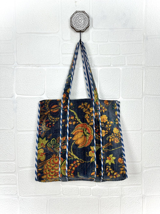 Boho Tote Bag Large Reversible Quilted Velvet Cotton | Beach Weekend Bag Eco friendly Sustainable Sturdy Grocery Shopping Ochre