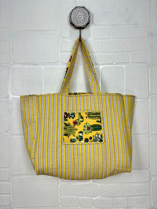 Boho Tote Bag Large Reversible Quilted Velvet Cotton | Beach Weekend Bag Eco friendly Sustainable Sturdy Grocery Shopping Ochre