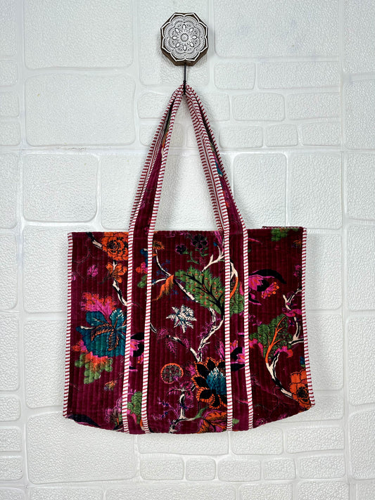 Boho Tote Bag Large Reversible Quilted Velvet Cotton | Beach Weekend Bag Eco friendly Sustainable Sturdy Grocery Shopping Ochre