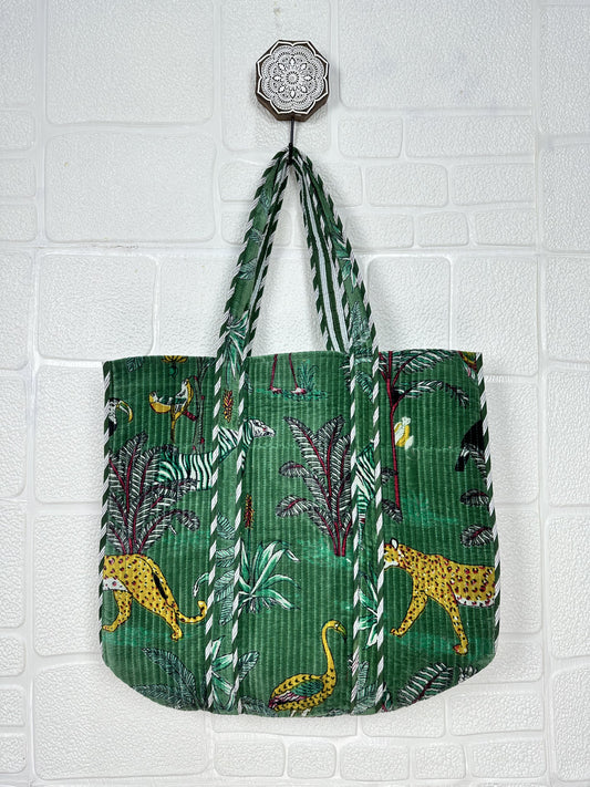 Boho Tote Bag Large Reversible Quilted Velvet Cotton | Beach Weekend Bag Eco friendly Sustainable Sturdy Grocery Shopping Ochre