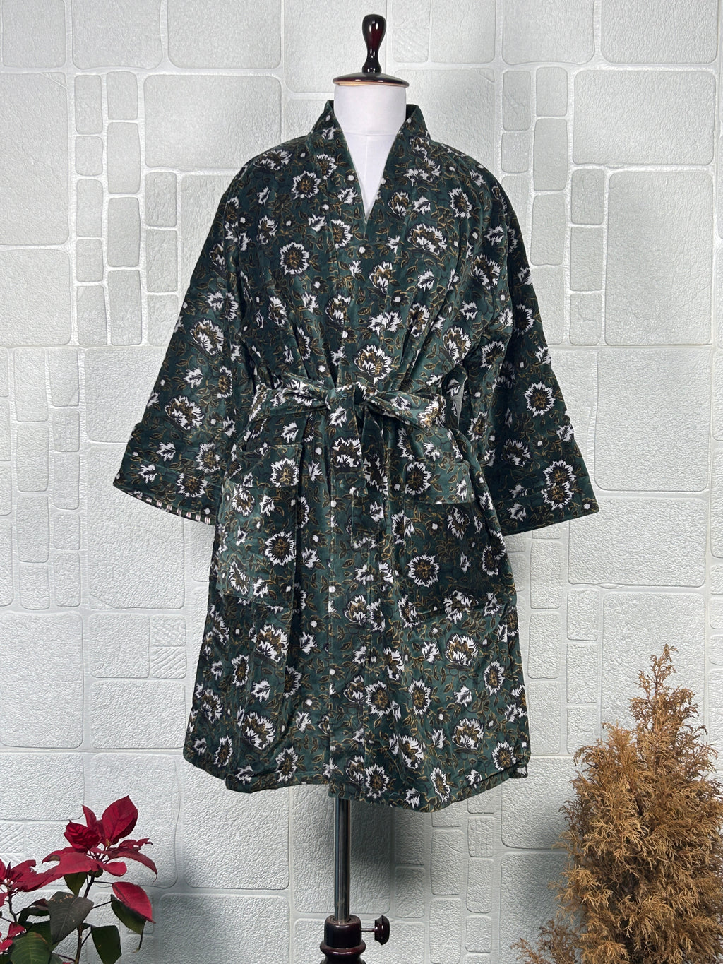Luxury Velvet Kimono Unisex House Robe | Boho Jacket Autumn Winter Christmas Gift Elegant Reversible Cotton Lined | Quirky Gown Green Floral