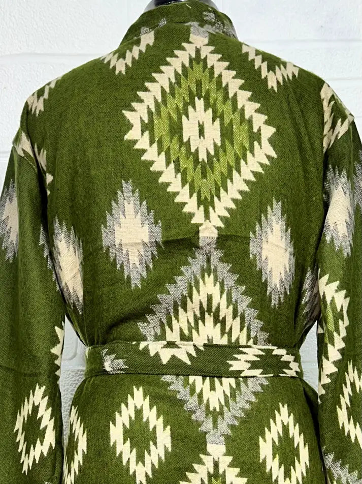 Women's Yak Wool Blend Kimono Robe in green diamond with pockets