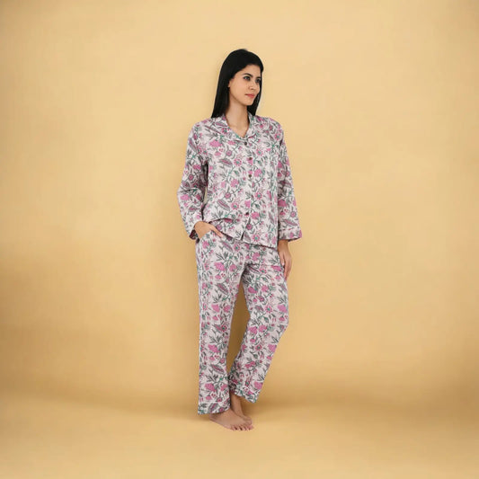 Cotton Women Pajama Set Comfortable Nightwear Summer PJ Set Nude Pink Floral Print