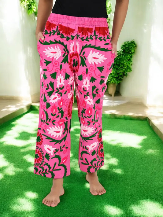Boho Harem Pants Gift for Her – Handmade Embroidered Suzani Festival Pants, Boho Hippie Lounge Pajamas with Pockets, Unique Floral Yoga Pant