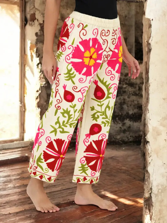Boho Harem Pants Gift for Her – Handmade Embroidered Suzani Festival Pants, Boho Hippie Lounge Pajamas with Pockets, Unique Floral Yoga Pant