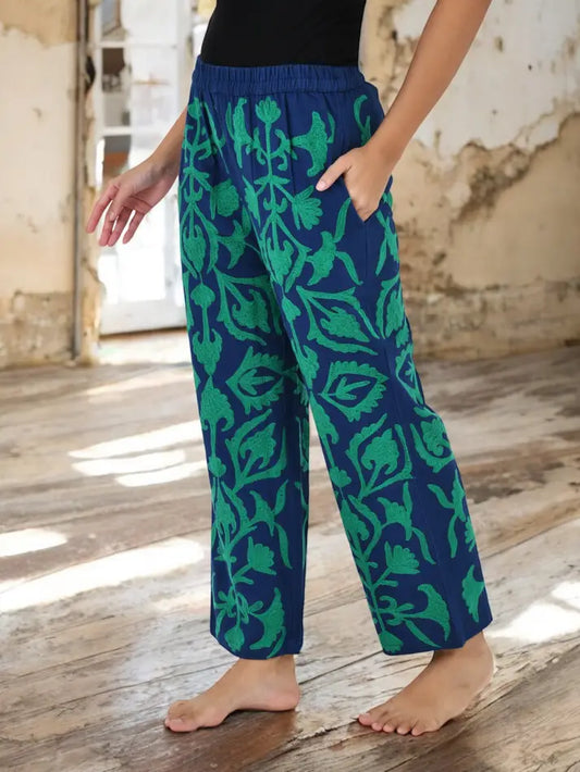 Boho Harem Pants Gift for Her – Handmade Embroidered Suzani Festival Pants, Boho Hippie Lounge Pajamas with Pockets, Unique Floral Yoga Pant