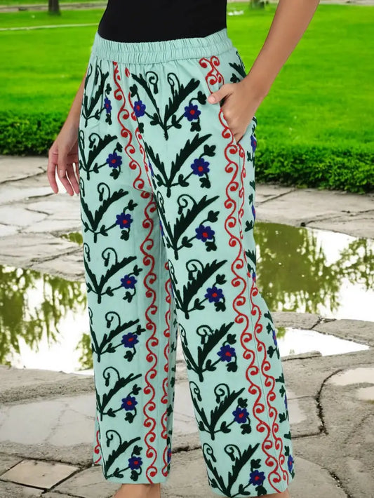 Boho Harem Pants Gift for Her – Handmade Embroidered Suzani Festival Pants, Boho Hippie Lounge Pajamas with Pockets, Unique Floral Yoga Pant
