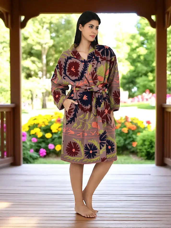 Cotton Women Kimono Suzani Embroidery Jacket Robe, Artisan Hand Embroidered Open Front Duster, Boho Gypsy Resort Wear Sustainable Clothing Cotton Women Kimono Suzani Embroidery Jacket Robe, Artisan Hand Embroidered Open Front Duster, Boho Gypsy Resort Wear Sustainable Clothing