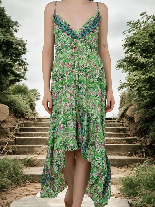 Boho Silk Dress for Women, Open Back Floral High Low Maxi, Luxury Gypsy Flowy Outfit, Bridesmaid Gift, Festival Wear Beachwear, Gift for Her