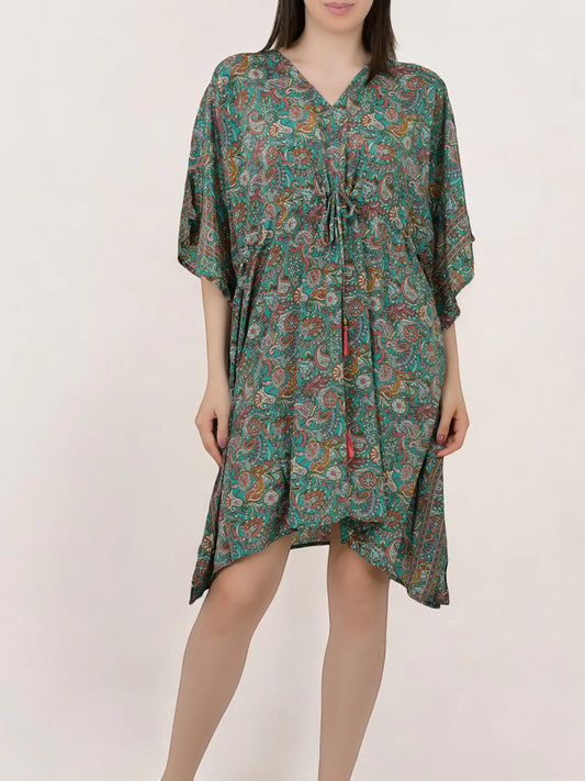 Women's Silk Blend Short Kaftan, Boho Chic Summer Dressing Gown, Boheme Beach Coverup, Loose Fit Mini Dress, Luxury Lounge Wear Gift for Her