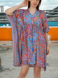 Women's Silk Blend Short Kaftan in blue geometric