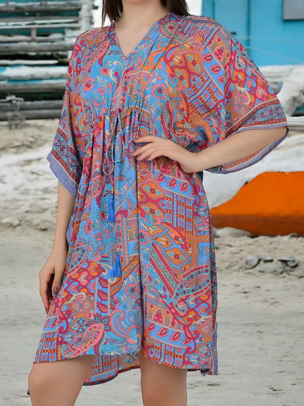 Women's Silk Blend Short Kaftan in blue geometric