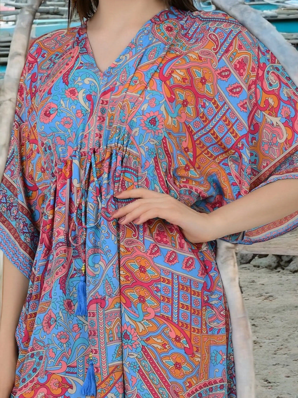 Women's Silk Blend Short Kaftan in blue geometric