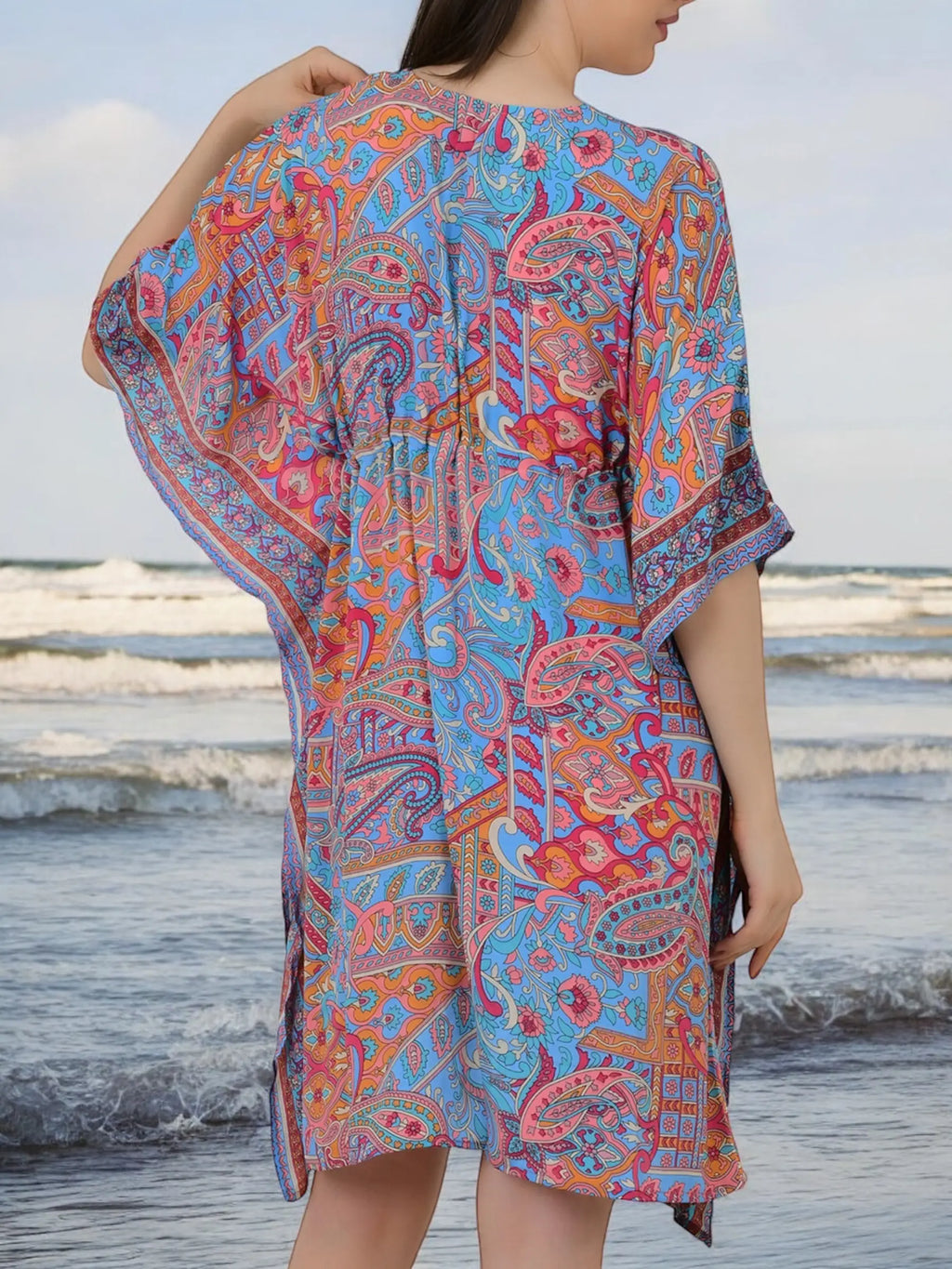 Women's Silk Blend Short Kaftan in blue geometric