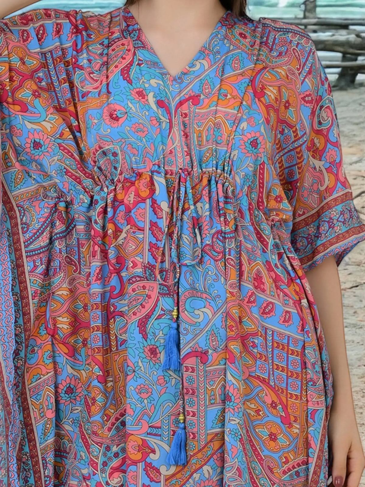 Women's Silk Blend Short Kaftan in blue geometric