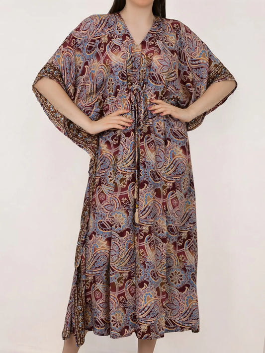 Women's Silk Blend Long Kaftan, Boho Chic Summer Dressing Gown, Boheme Beach Coverup, Loose Fit Maxi Dress, Luxury Lounge Wear, Gift for Her