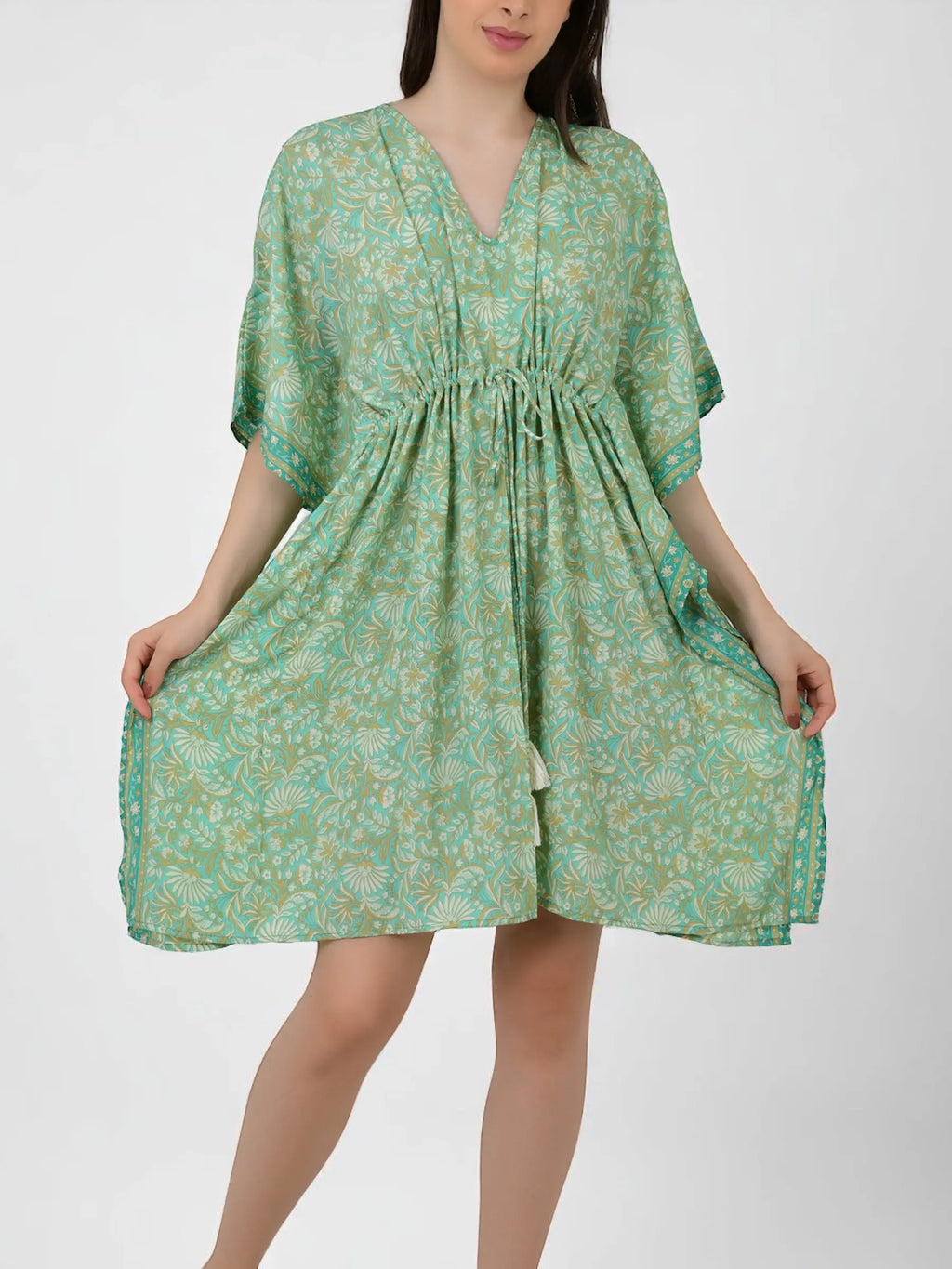Women's Silk Blend Short Kaftan, Boho Chic Summer Dressing Gown, Boheme Beach Coverup, Loose Fit Mini Dress, Luxury Lounge Wear Gift for Her-blue-geometrical-print-Mint-Green-Floral-Print