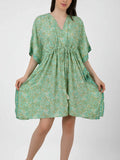 Women's Silk Blend Short Kaftan, Boho Chic Summer Dressing Gown, Boheme Beach Coverup, Loose Fit Mini Dress, Luxury Lounge Wear Gift for Her-blue-geometrical-print-Mint-Green-Floral-Print