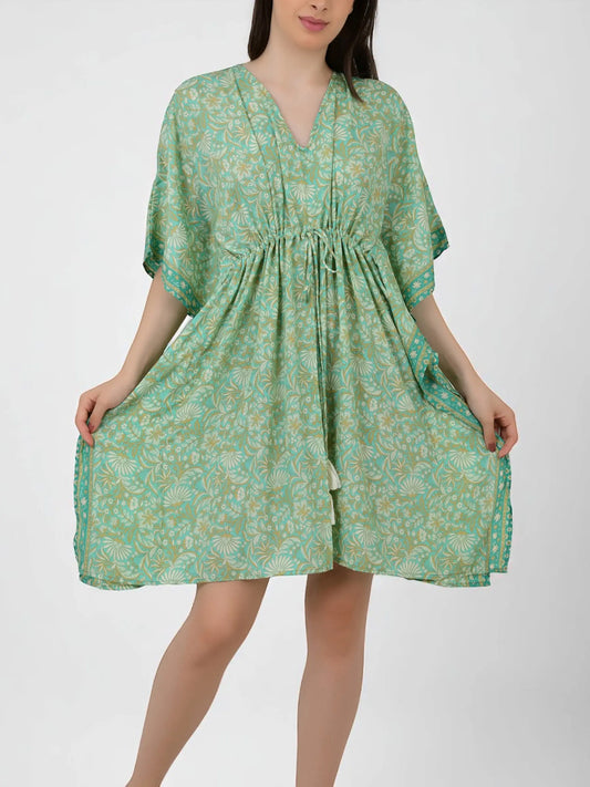Women's Silk Blend Short Kaftan, Boho Chic Summer Dressing Gown, Boheme Beach Coverup, Loose Fit Mini Dress, Luxury Lounge Wear Gift for Her-blue-geometrical-print-Mint-Green-Floral-Print