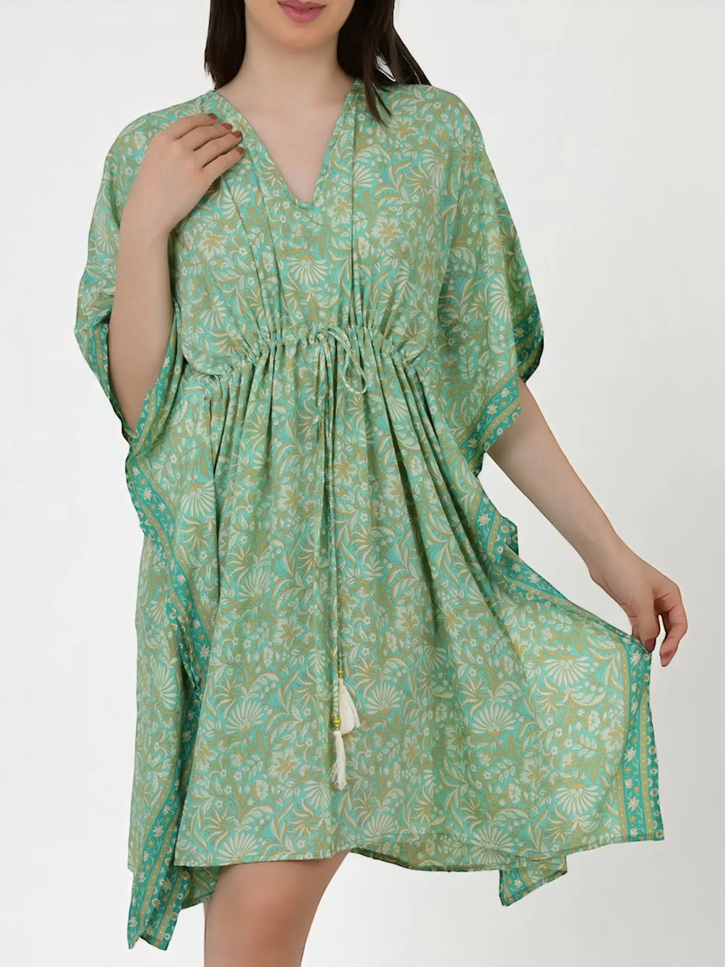 Women's Silk Blend Short Kaftan, Boho Chic Summer Dressing Gown, Boheme Beach Coverup, Loose Fit Mini Dress, Luxury Lounge Wear Gift for Her-blue-geometrical-print-Mint-Green-Floral-Print