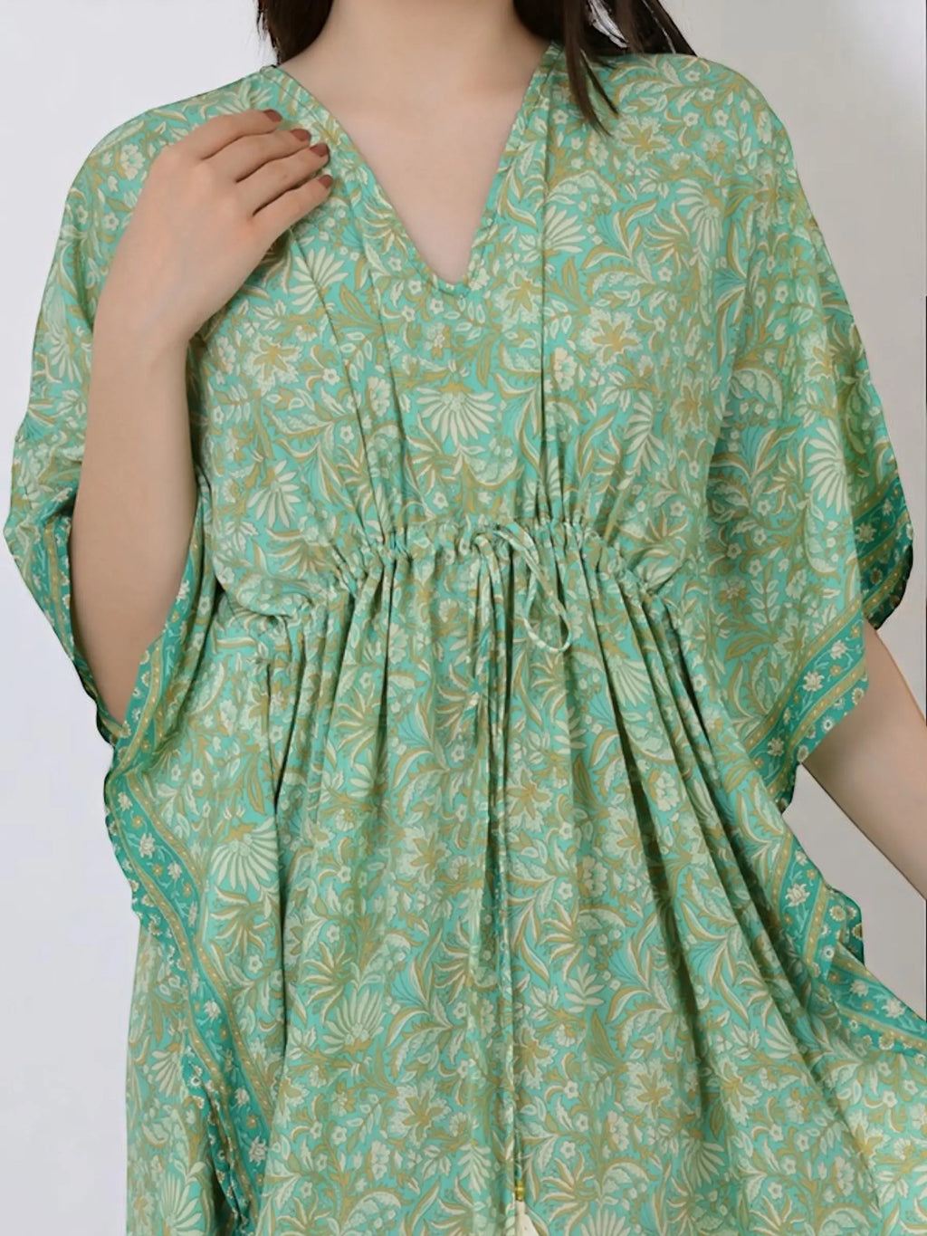 Women's Silk Blend Short Kaftan, Boho Chic Summer Dressing Gown, Boheme Beach Coverup, Loose Fit Mini Dress, Luxury Lounge Wear Gift for Her-blue-geometrical-print-Mint-Green-Floral-Print