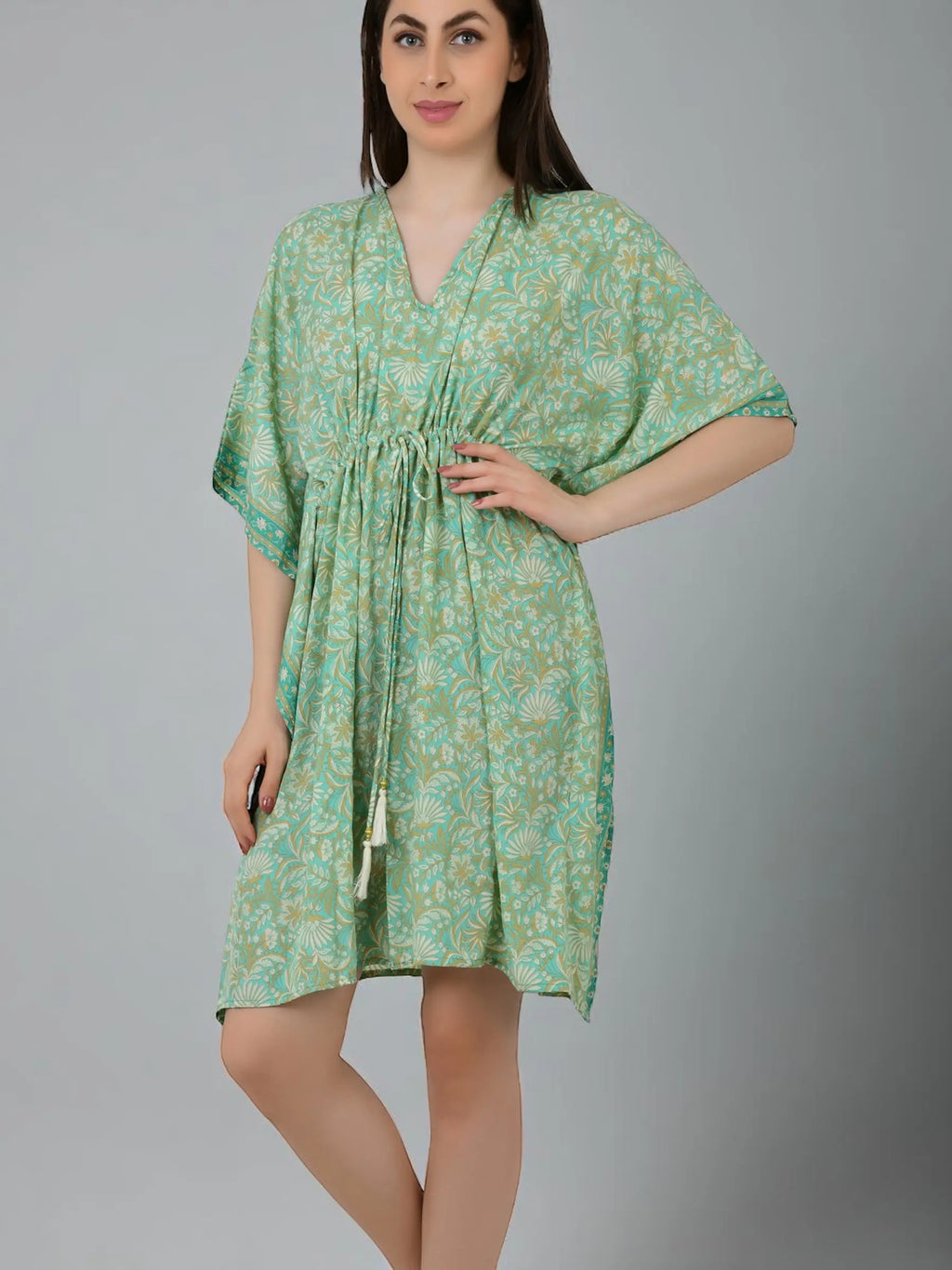 Women's Silk Blend Short Kaftan, Boho Chic Summer Dressing Gown, Boheme Beach Coverup, Loose Fit Mini Dress, Luxury Lounge Wear Gift for Her-blue-geometrical-print-Mint-Green-Floral-Print