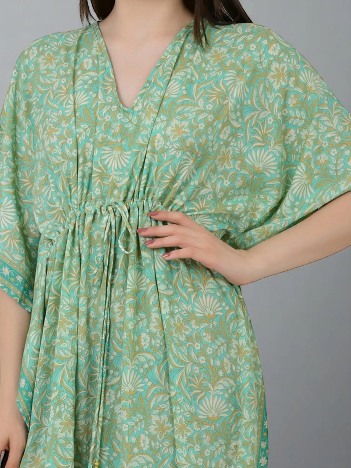 Women's Silk Blend Short Kaftan, Boho Chic Summer Dressing Gown, Boheme Beach Coverup, Loose Fit Mini Dress, Luxury Lounge Wear Gift for Her-blue-geometrical-print-Mint-Green-Floral-Print