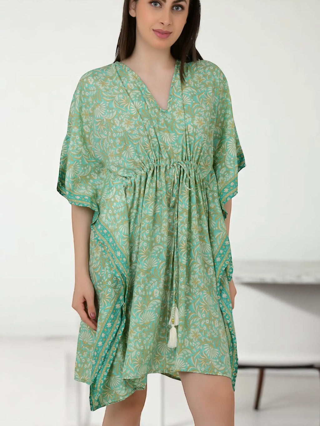 Women's Silk Blend Short Kaftan, Boho Chic Summer Dressing Gown, Boheme Beach Coverup, Loose Fit Mini Dress, Luxury Lounge Wear Gift for Her-blue-geometrical-print-Mint-Green-Floral-Print