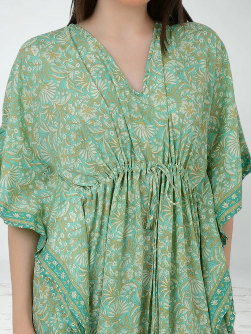 Women's Silk Blend Short Kaftan, Boho Chic Summer Dressing Gown, Boheme Beach Coverup, Loose Fit Mini Dress, Luxury Lounge Wear Gift for Her-blue-geometrical-print-Mint-Green-Floral-Print