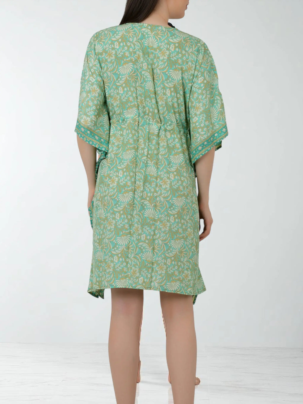 Women's Silk Blend Short Kaftan, Boho Chic Summer Dressing Gown, Boheme Beach Coverup, Loose Fit Mini Dress, Luxury Lounge Wear Gift for Her-blue-geometrical-print-Mint-Green-Floral-Print