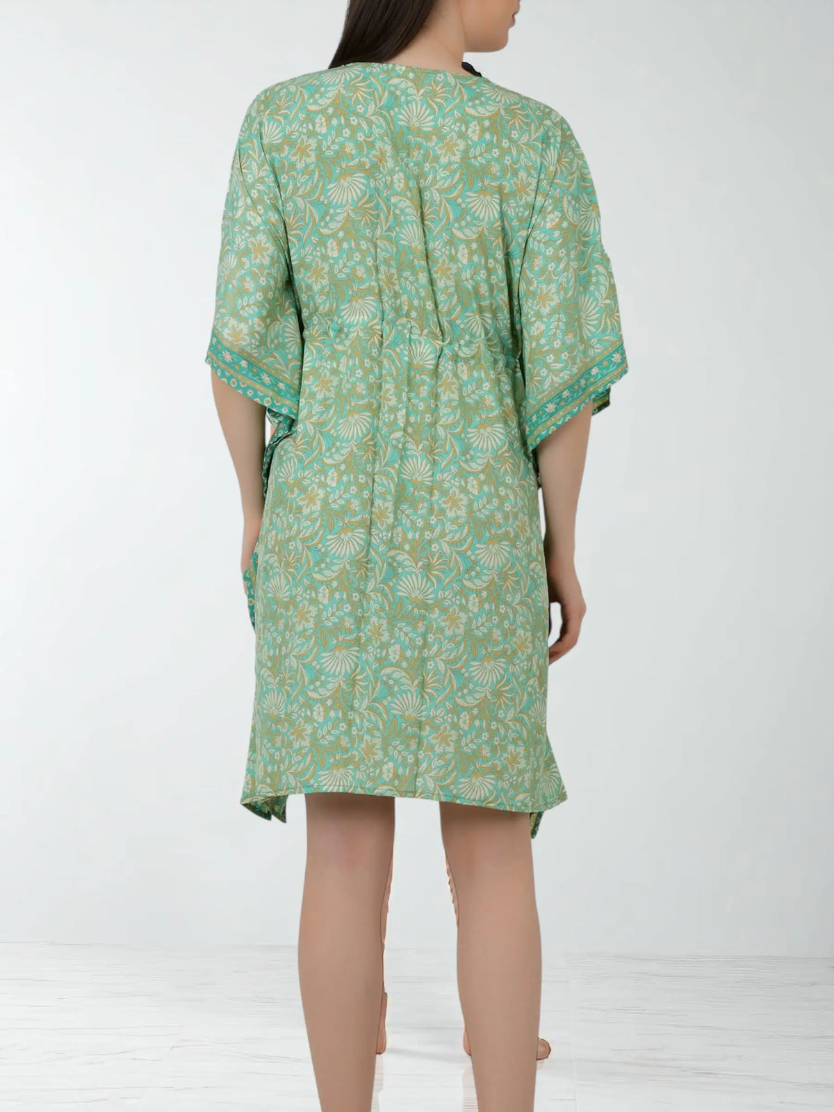 Women's Silk Blend Short Kaftan, Boho Chic Summer Dressing Gown, Boheme Beach Coverup, Loose Fit Mini Dress, Luxury Lounge Wear Gift for Her-blue-geometrical-print-Mint-Green-Floral-Print