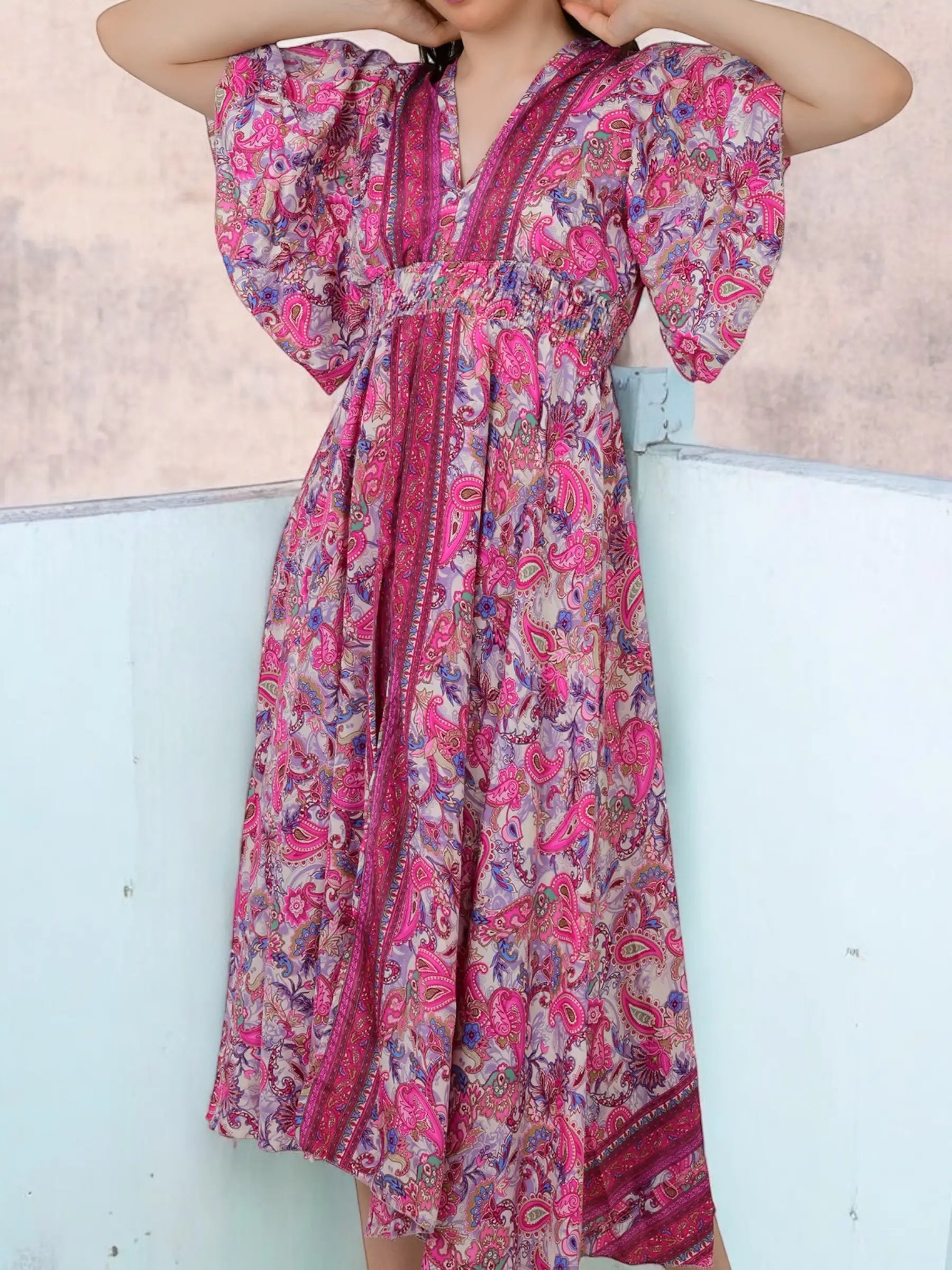 A Line Silk Blend Dress, V Neck Short Sleeve Wedding Guest Dress , Graceful Long Silky Midi Dress, Evening Cocktail Pink Dress, Gift for Her