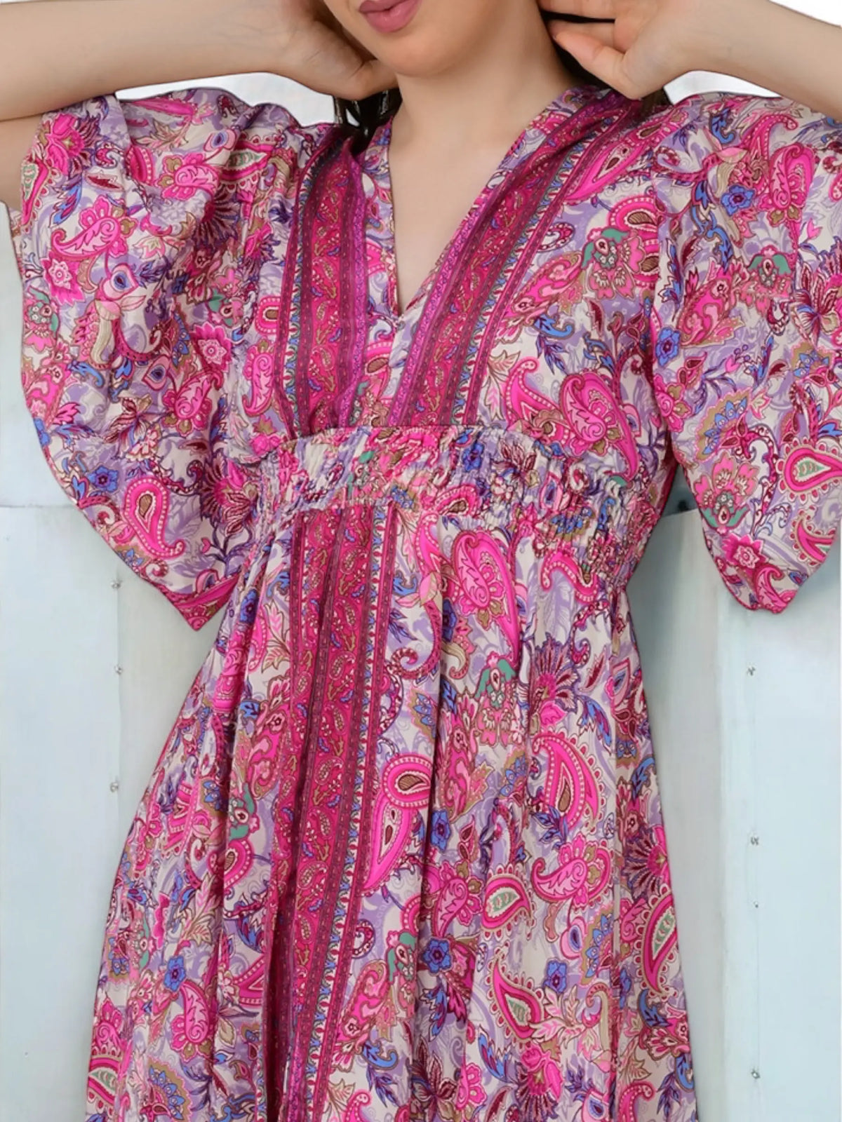 A Line Silk Blend Dress, V Neck Short Sleeve Wedding Guest Dress , Graceful Long Silky Midi Dress, Evening Cocktail Pink Dress, Gift for Her