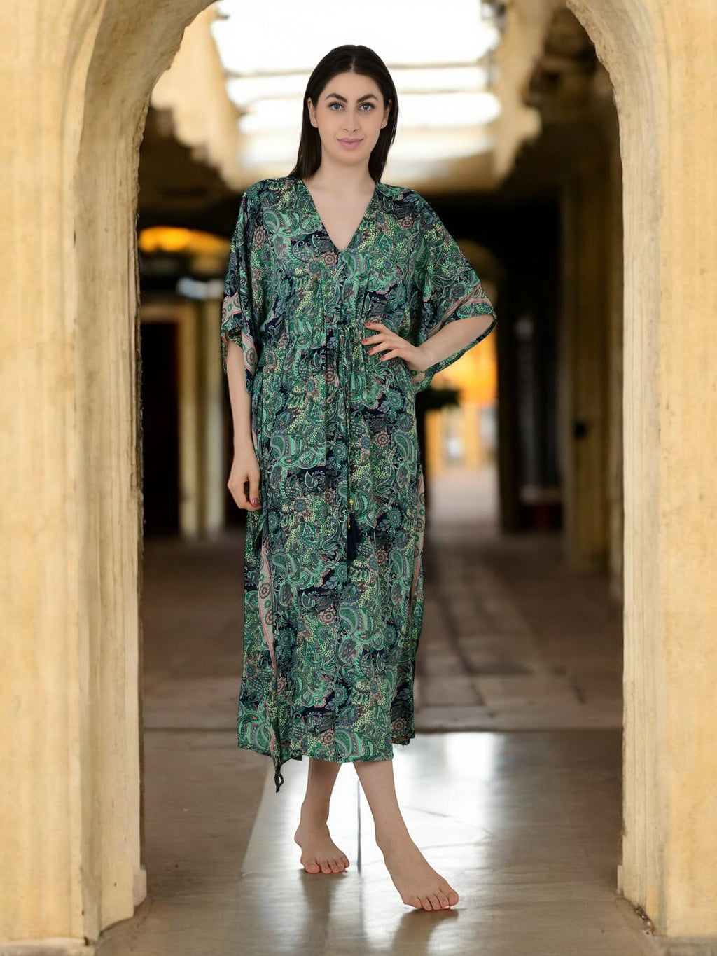Women's Silk Kaftan Dress in green paisley