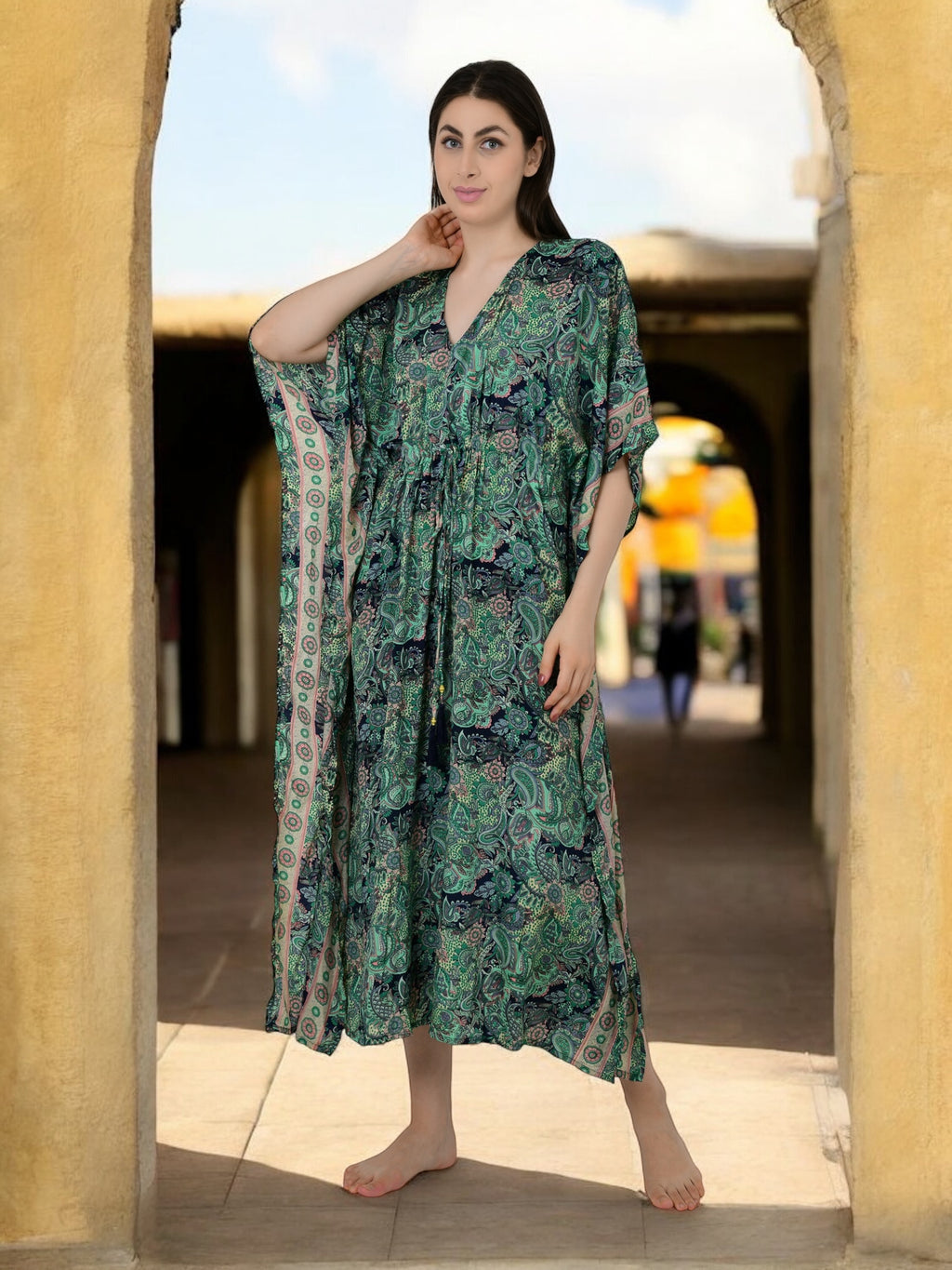 Women's Silk Kaftan Dress in green paisley