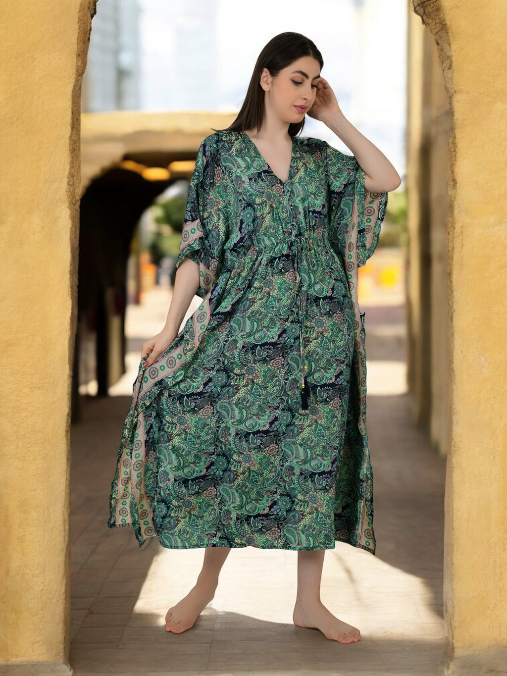 Women's Silk Kaftan Dress in green paisley