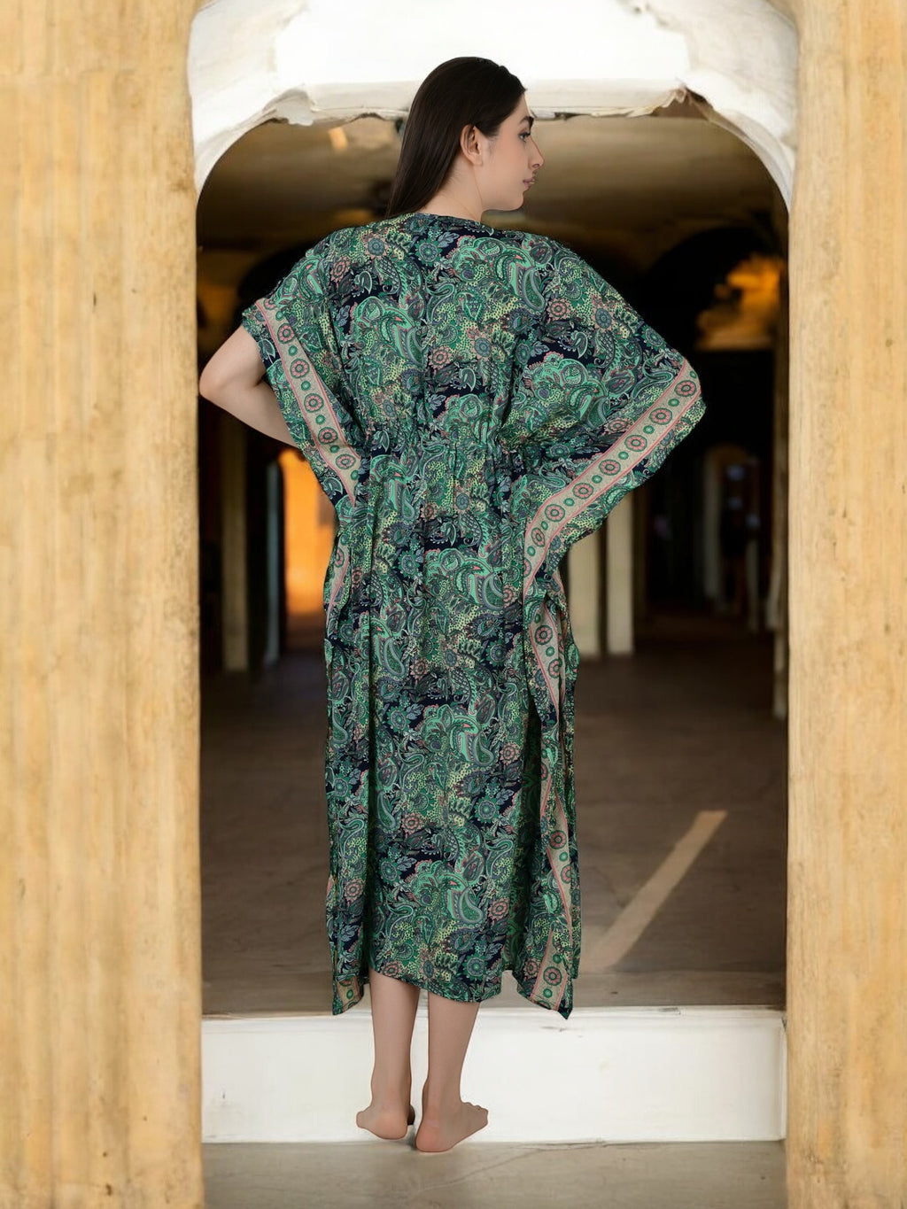 Women's Silk Kaftan Dress in green paisley