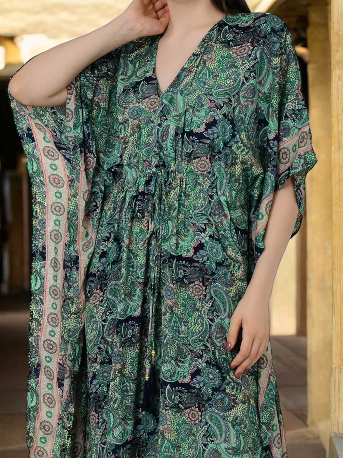 Women's Silk Kaftan Dress in green paisley